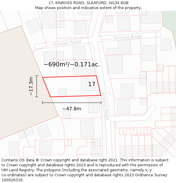 17, KINROSS ROAD, SLEAFORD, NG34 8GB: Plot and title map