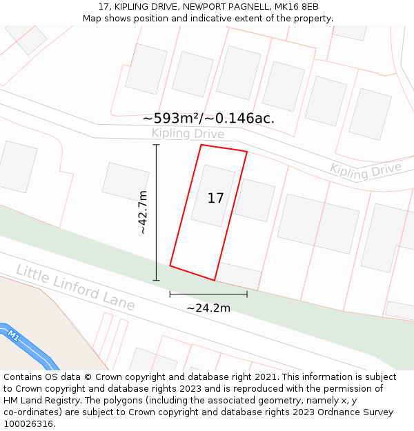 17, KIPLING DRIVE, NEWPORT PAGNELL, MK16 8EB: Plot and title map