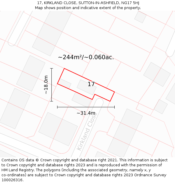 17, KIRKLAND CLOSE, SUTTON-IN-ASHFIELD, NG17 5HJ: Plot and title map