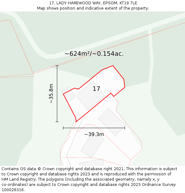 17, LADY HAREWOOD WAY, EPSOM, KT19 7LE: Plot and title map