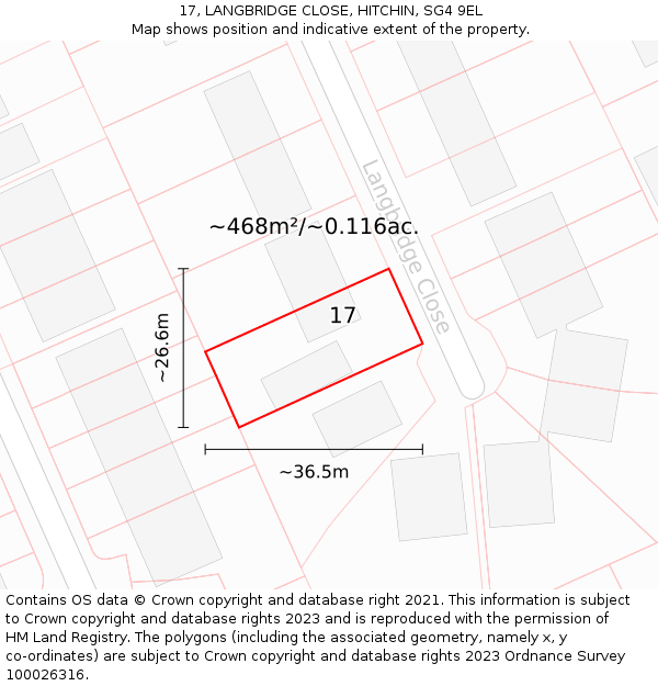 17, LANGBRIDGE CLOSE, HITCHIN, SG4 9EL: Plot and title map