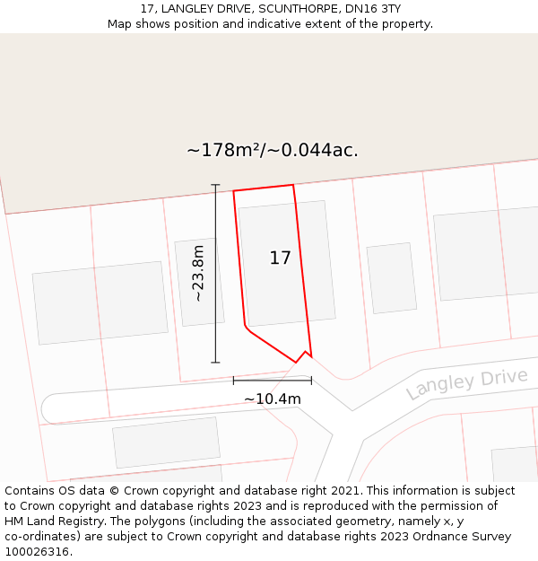 17, LANGLEY DRIVE, SCUNTHORPE, DN16 3TY: Plot and title map