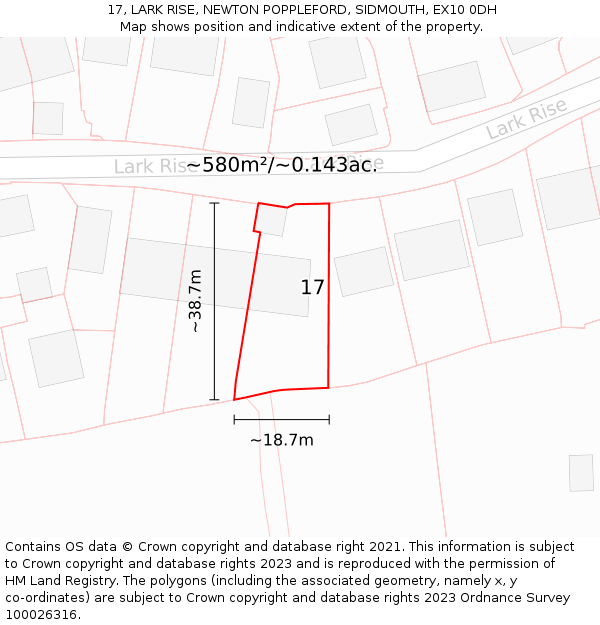 17, LARK RISE, NEWTON POPPLEFORD, SIDMOUTH, EX10 0DH: Plot and title map