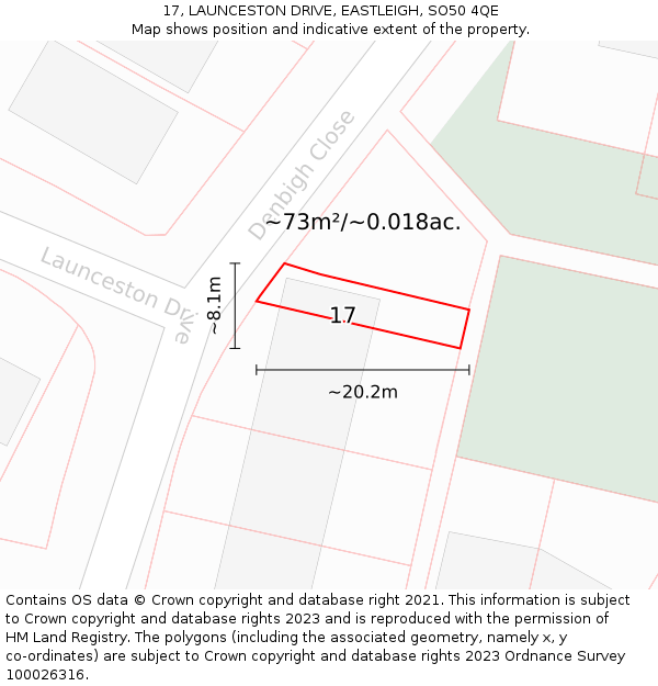 17, LAUNCESTON DRIVE, EASTLEIGH, SO50 4QE: Plot and title map