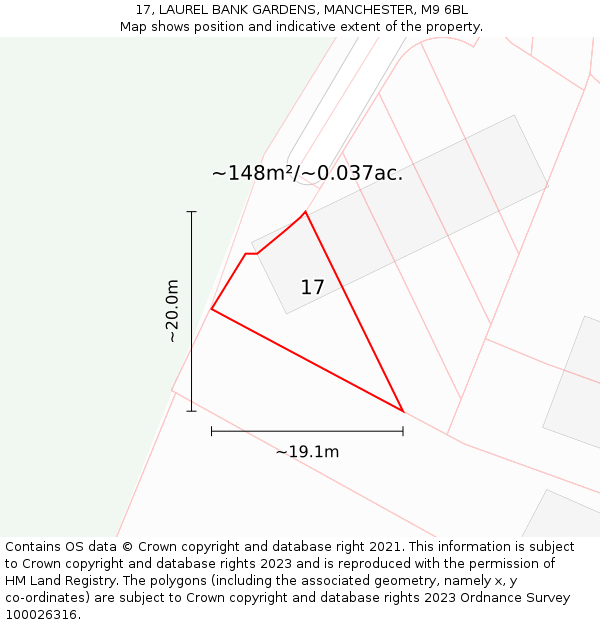 17, LAUREL BANK GARDENS, MANCHESTER, M9 6BL: Plot and title map