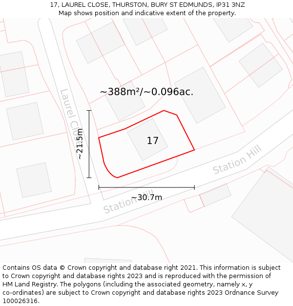 17, LAUREL CLOSE, THURSTON, BURY ST EDMUNDS, IP31 3NZ: Plot and title map