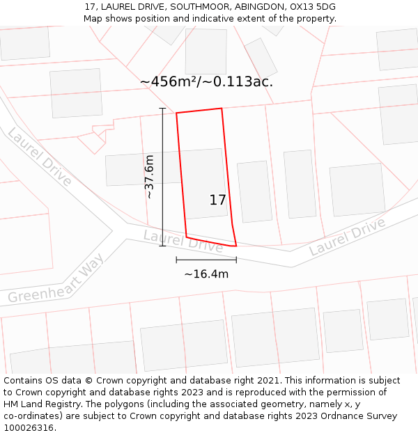 17, LAUREL DRIVE, SOUTHMOOR, ABINGDON, OX13 5DG: Plot and title map