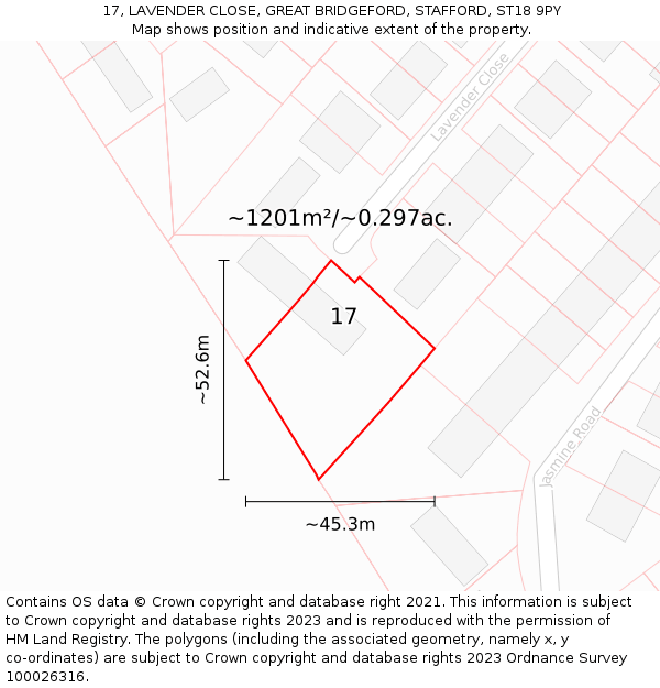 17, LAVENDER CLOSE, GREAT BRIDGEFORD, STAFFORD, ST18 9PY: Plot and title map
