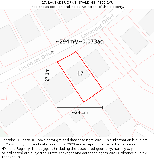 17, LAVENDER DRIVE, SPALDING, PE11 1YR: Plot and title map