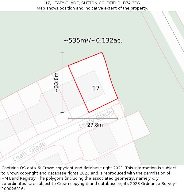 17, LEAFY GLADE, SUTTON COLDFIELD, B74 3EG: Plot and title map