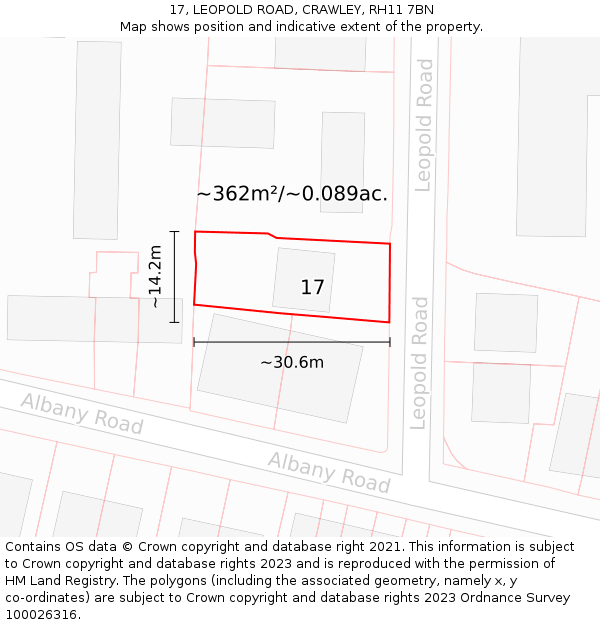 17, LEOPOLD ROAD, CRAWLEY, RH11 7BN: Plot and title map