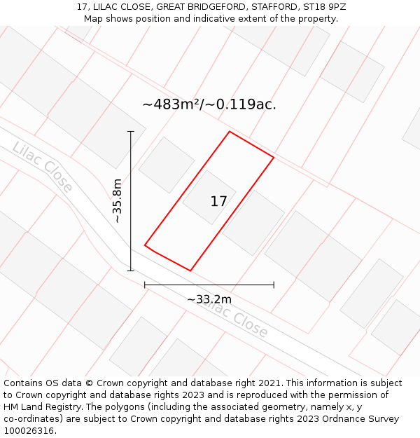 17, LILAC CLOSE, GREAT BRIDGEFORD, STAFFORD, ST18 9PZ: Plot and title map