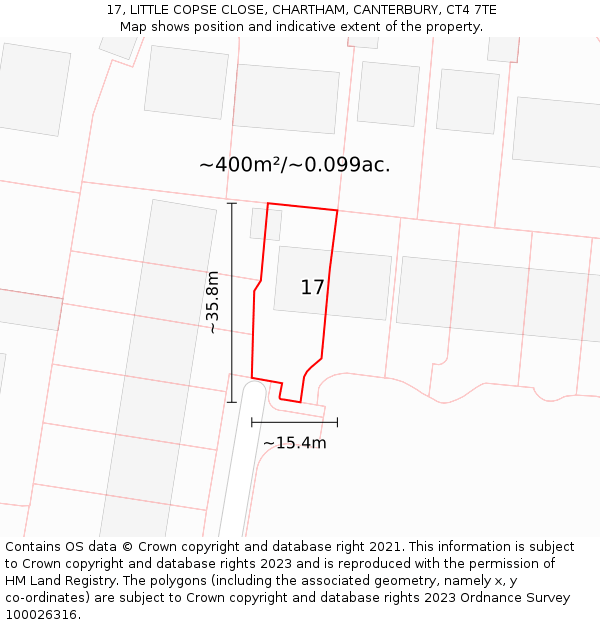17, LITTLE COPSE CLOSE, CHARTHAM, CANTERBURY, CT4 7TE: Plot and title map