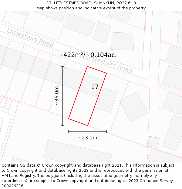 17, LITTLESTAIRS ROAD, SHANKLIN, PO37 6HR: Plot and title map