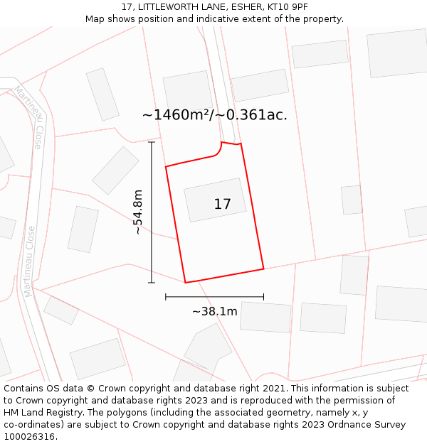 17, LITTLEWORTH LANE, ESHER, KT10 9PF: Plot and title map