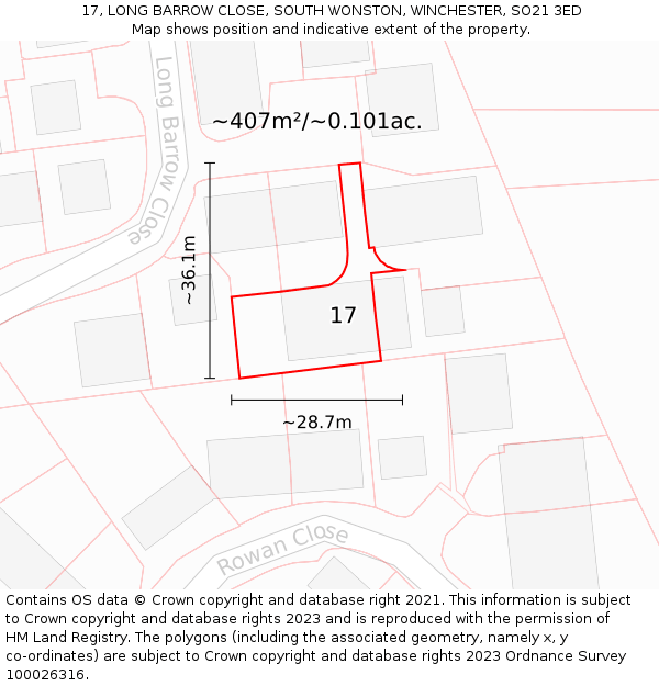 17, LONG BARROW CLOSE, SOUTH WONSTON, WINCHESTER, SO21 3ED: Plot and title map
