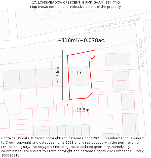 17, LONGMEADOW CRESCENT, BIRMINGHAM, B34 7NQ: Plot and title map