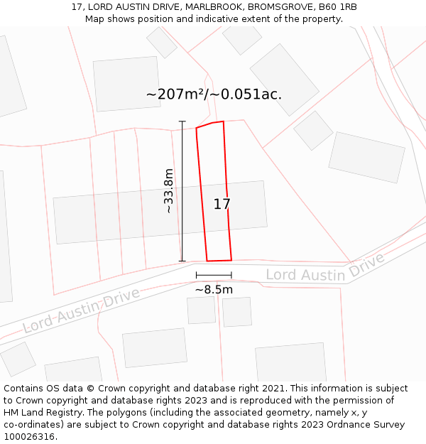 17, LORD AUSTIN DRIVE, MARLBROOK, BROMSGROVE, B60 1RB: Plot and title map