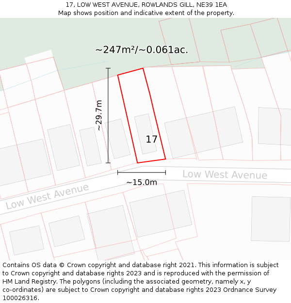 17, LOW WEST AVENUE, ROWLANDS GILL, NE39 1EA: Plot and title map