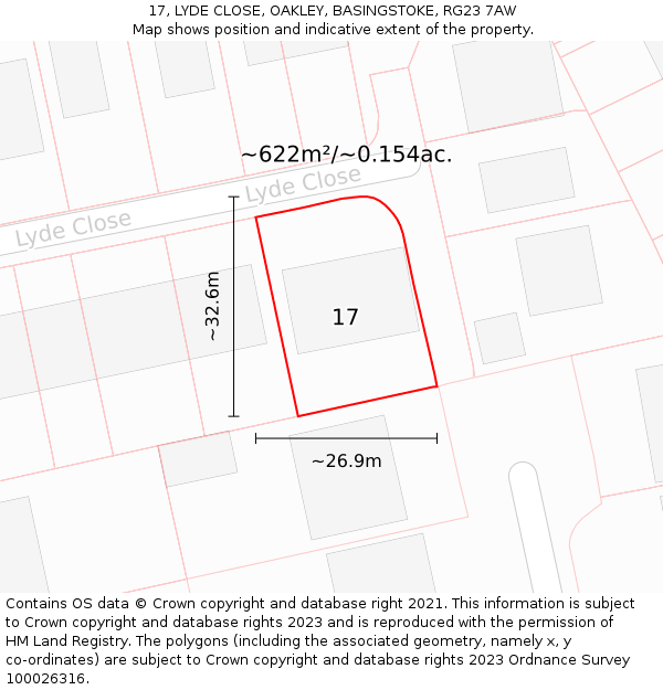 17, LYDE CLOSE, OAKLEY, BASINGSTOKE, RG23 7AW: Plot and title map