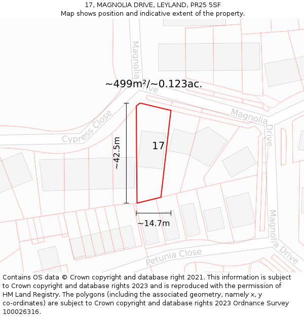 17, MAGNOLIA DRIVE, LEYLAND, PR25 5SF: Plot and title map