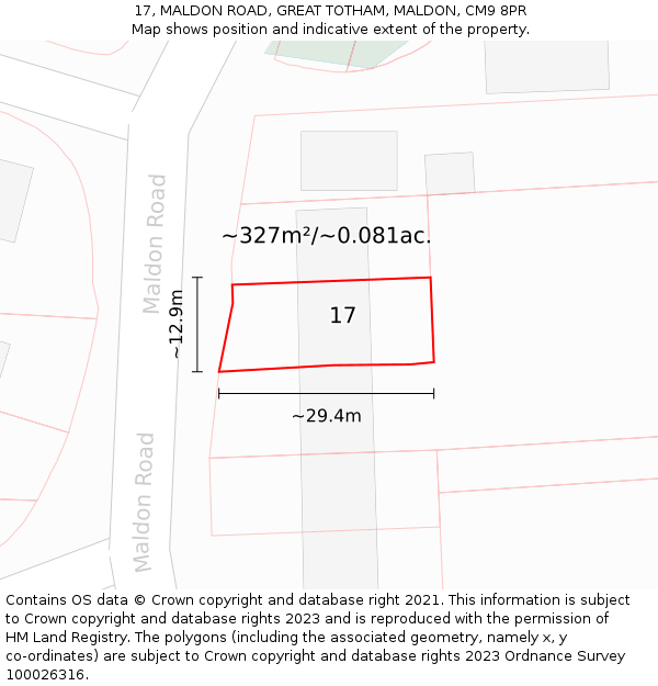 17, MALDON ROAD, GREAT TOTHAM, MALDON, CM9 8PR: Plot and title map