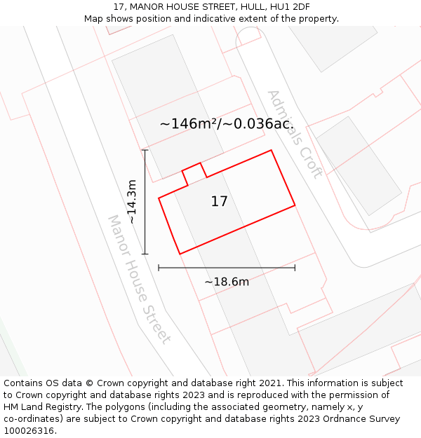 17, MANOR HOUSE STREET, HULL, HU1 2DF: Plot and title map