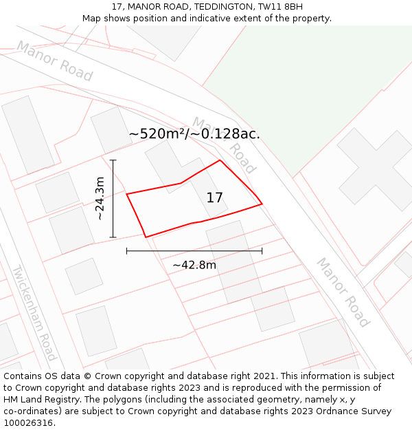 17, MANOR ROAD, TEDDINGTON, TW11 8BH: Plot and title map