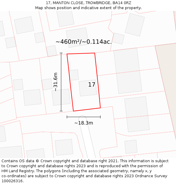 17, MANTON CLOSE, TROWBRIDGE, BA14 0RZ: Plot and title map