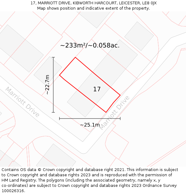 17, MARRIOTT DRIVE, KIBWORTH HARCOURT, LEICESTER, LE8 0JX: Plot and title map