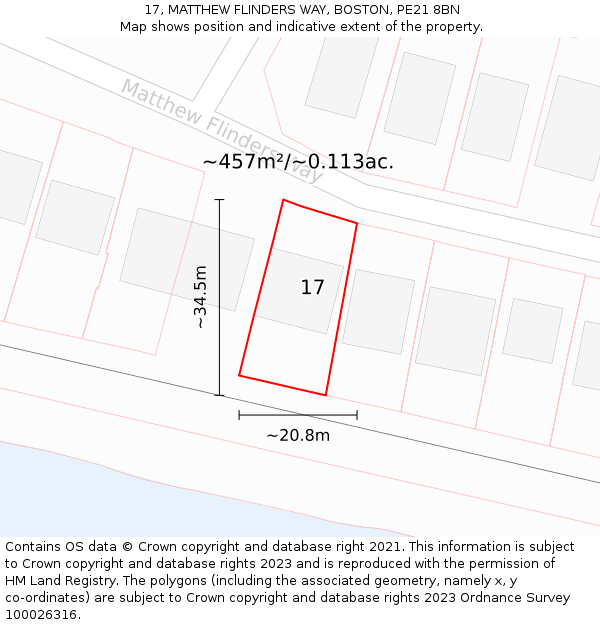 17, MATTHEW FLINDERS WAY, BOSTON, PE21 8BN: Plot and title map