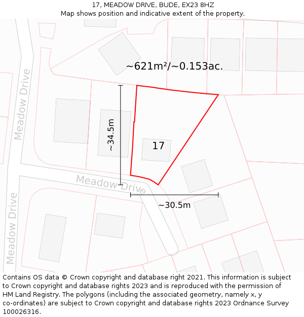 17, MEADOW DRIVE, BUDE, EX23 8HZ: Plot and title map