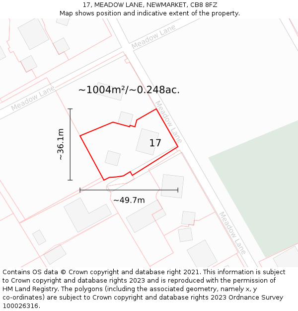 17, MEADOW LANE, NEWMARKET, CB8 8FZ: Plot and title map