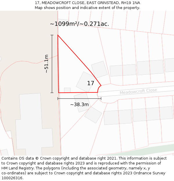 17, MEADOWCROFT CLOSE, EAST GRINSTEAD, RH19 1NA: Plot and title map