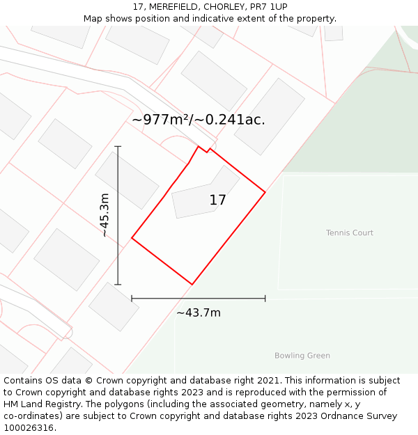 17, MEREFIELD, CHORLEY, PR7 1UP: Plot and title map