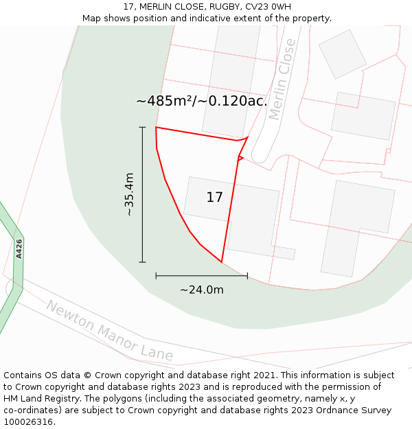 17, MERLIN CLOSE, RUGBY, CV23 0WH: Plot and title map