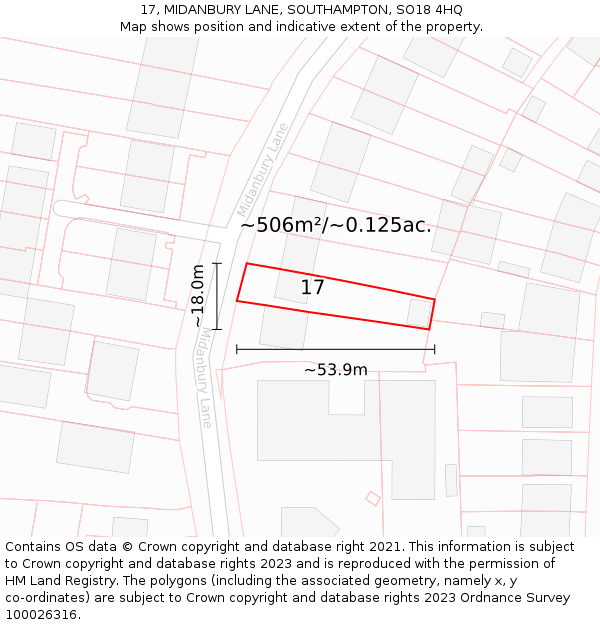 17, MIDANBURY LANE, SOUTHAMPTON, SO18 4HQ: Plot and title map