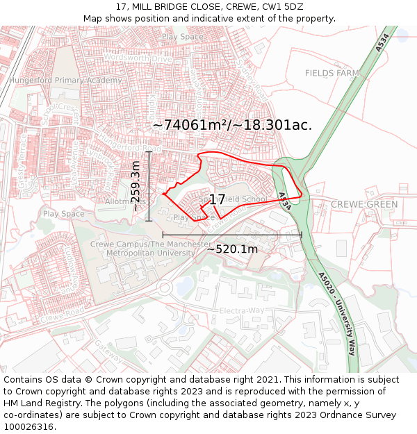 17, MILL BRIDGE CLOSE, CREWE, CW1 5DZ: Plot and title map