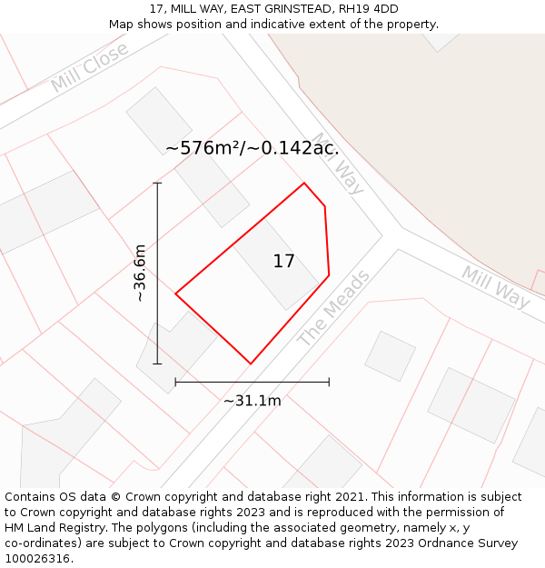 17, MILL WAY, EAST GRINSTEAD, RH19 4DD: Plot and title map