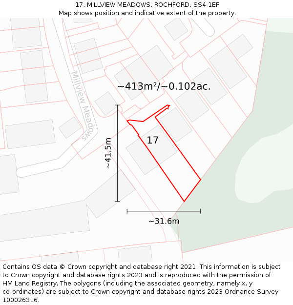 17, MILLVIEW MEADOWS, ROCHFORD, SS4 1EF: Plot and title map