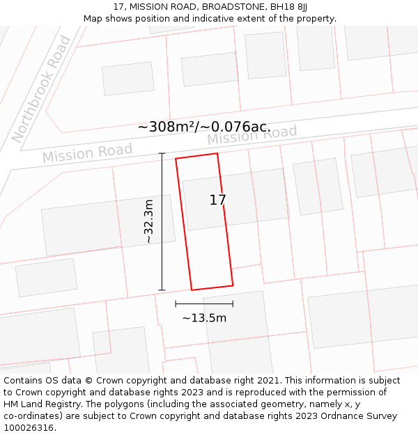 17, MISSION ROAD, BROADSTONE, BH18 8JJ: Plot and title map