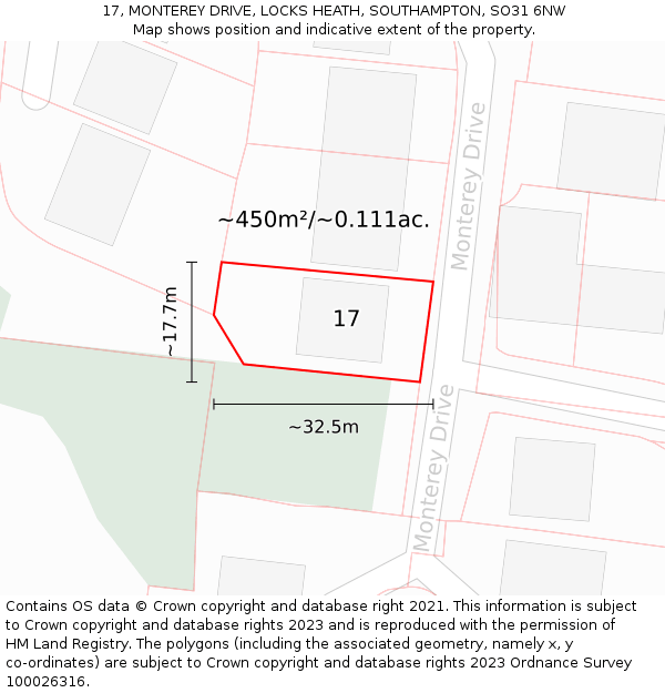 17, MONTEREY DRIVE, LOCKS HEATH, SOUTHAMPTON, SO31 6NW: Plot and title map