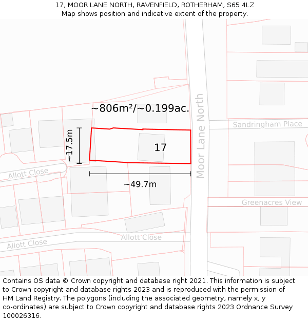 17, MOOR LANE NORTH, RAVENFIELD, ROTHERHAM, S65 4LZ: Plot and title map