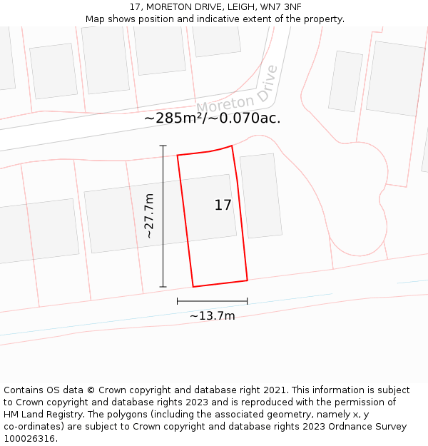 17, MORETON DRIVE, LEIGH, WN7 3NF: Plot and title map