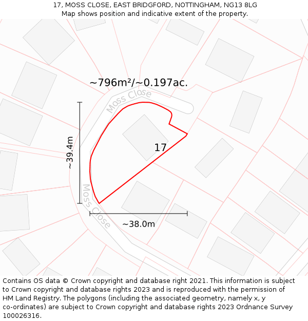 17, MOSS CLOSE, EAST BRIDGFORD, NOTTINGHAM, NG13 8LG: Plot and title map