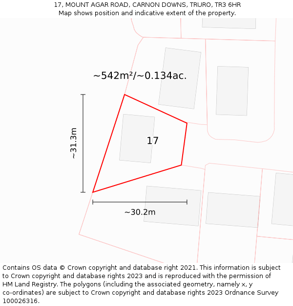 17, MOUNT AGAR ROAD, CARNON DOWNS, TRURO, TR3 6HR: Plot and title map