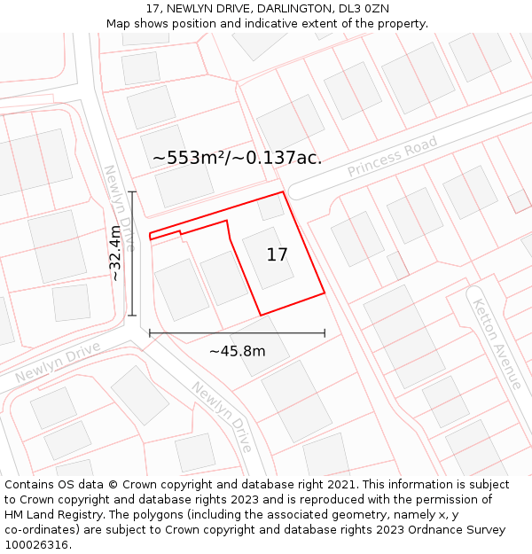 17, NEWLYN DRIVE, DARLINGTON, DL3 0ZN: Plot and title map