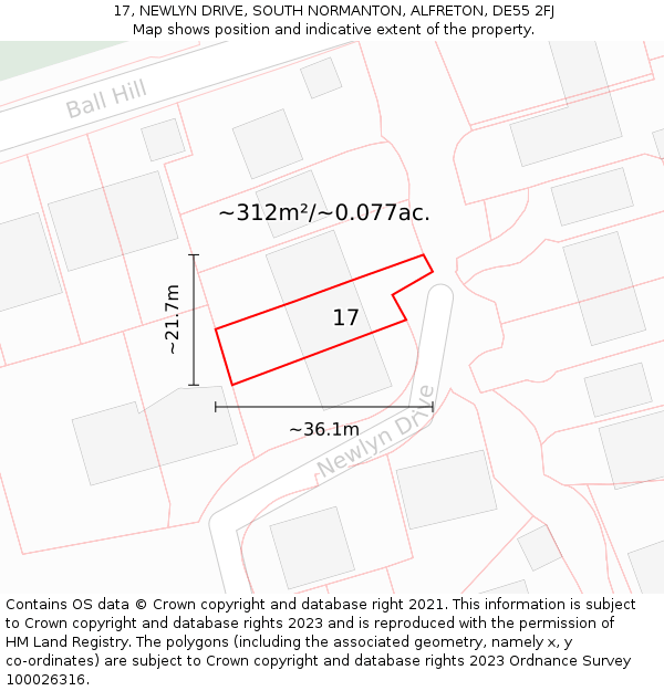 17, NEWLYN DRIVE, SOUTH NORMANTON, ALFRETON, DE55 2FJ: Plot and title map