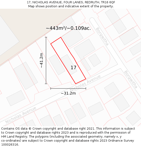 17, NICHOLAS AVENUE, FOUR LANES, REDRUTH, TR16 6QF: Plot and title map