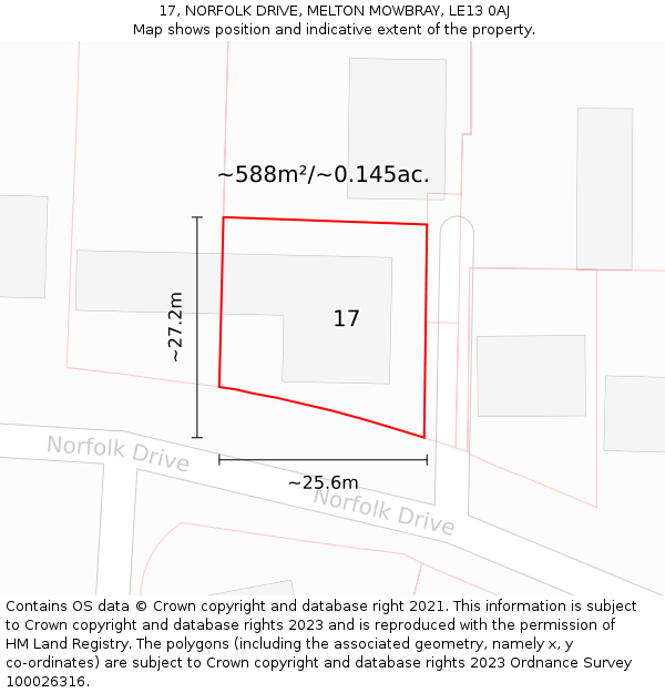 17, NORFOLK DRIVE, MELTON MOWBRAY, LE13 0AJ: Plot and title map